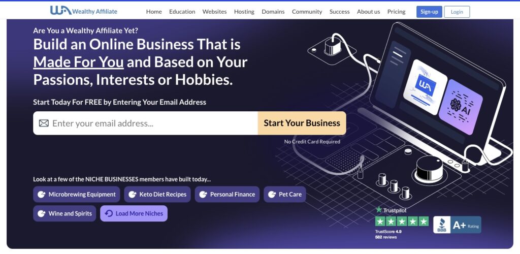 Wealthy Affiliate Hubs landing page 